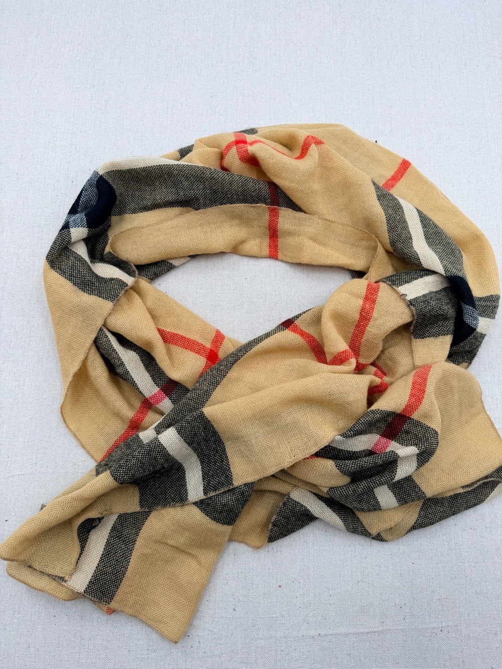 Luxury Plaid Lightweight Women's Scarf - Beige with Black & Red Accents